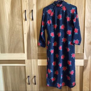 Mandarin Collar 3/4 sleeve Long Rose-print Tunic